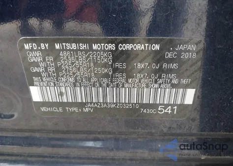 2019 Mitsubishi Outlander Es z USA, uszkodzony, nr VIN JA4AZ3A39KZ032510